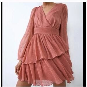 Zara dusty pink swiss dots, ruffle mini dress, V neckline, size XS